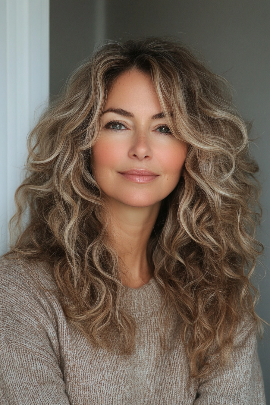 15. Long Curls with Soft Balayage (Hairstyles For Older Women With Curly Hair) - Hairstyles For Older Women With Curly Hair