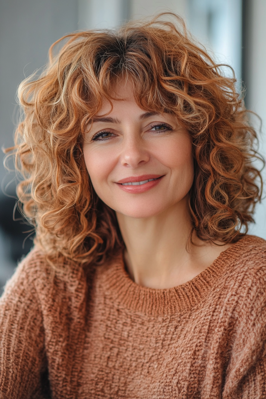 20. Tousled Curls with Rose Gold Tint (Hairstyles For Older Women With Curly Hair) - Hairstyles For Older Women With Curly Hair