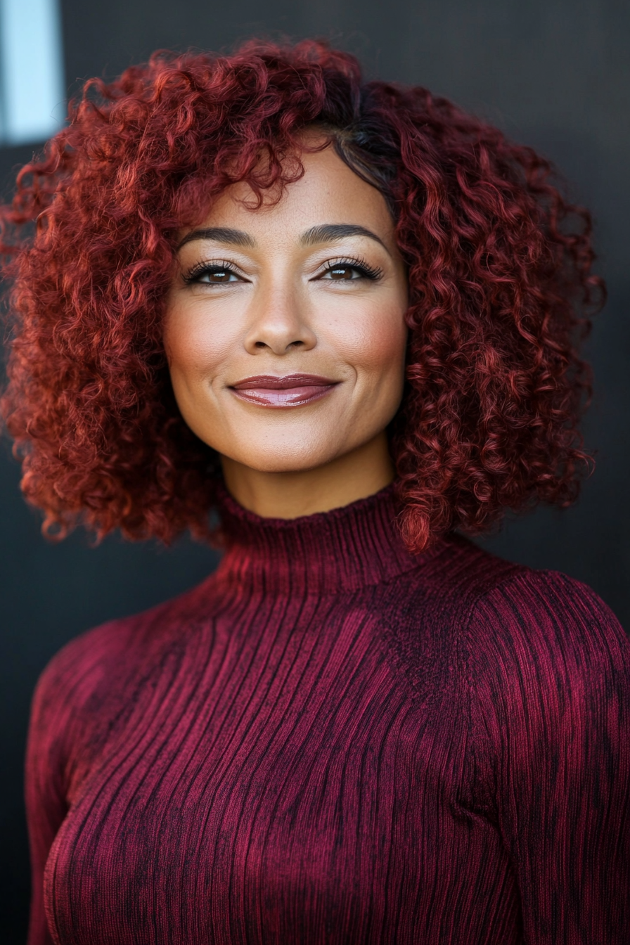 22. Cropped Curls with Bold Burgundy (Hairstyles For Older Women With Curly Hair) - Hairstyles For Older Women With Curly Hair
