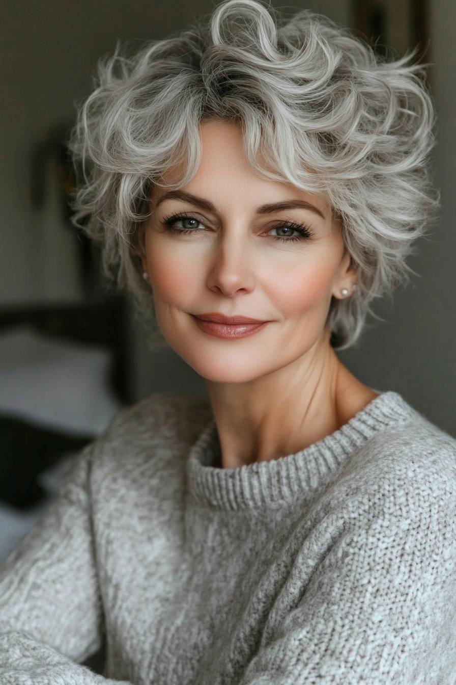25. Voluminous Pixie with Cool Gray (Hairstyles For Older Women With Curly Hair) - Hairstyles For Older Women With Curly Hair