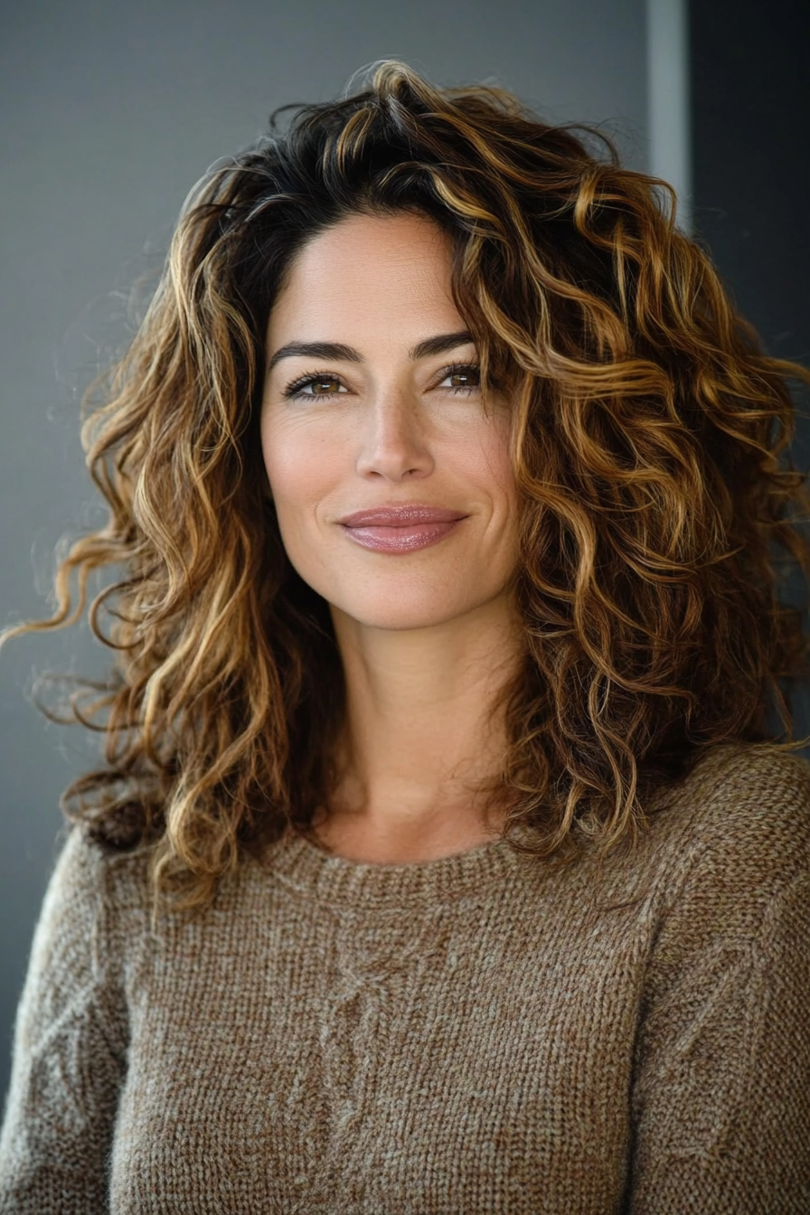 26. Cascading Curls with Amber Highlights (Hairstyles For Older Women With Curly Hair) - Hairstyles For Older Women With Curly Hair
