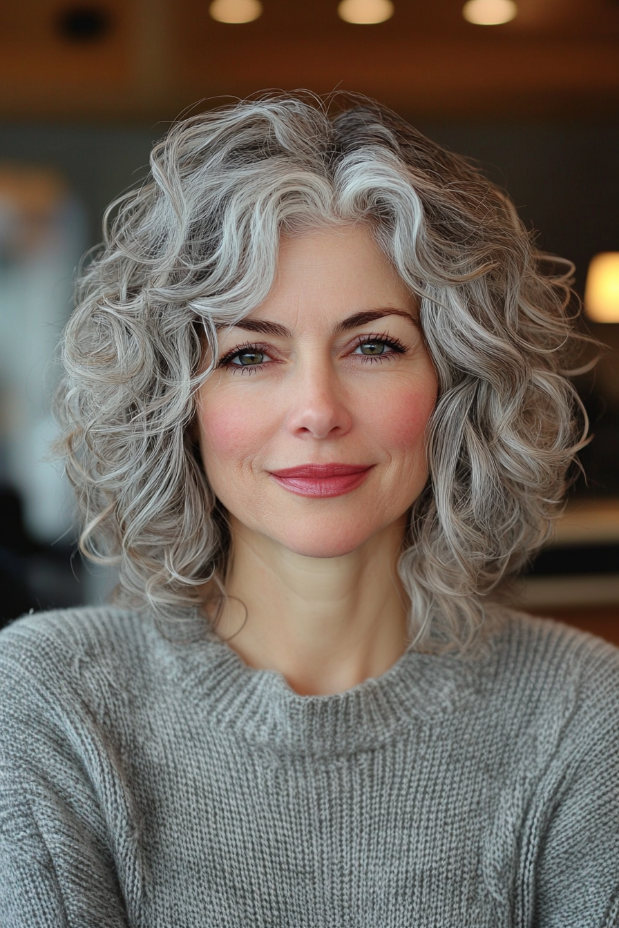 28. Textured Shag with Silver Streaks (Hairstyles For Older Women With Curly Hair) - Hairstyles For Older Women With Curly Hair