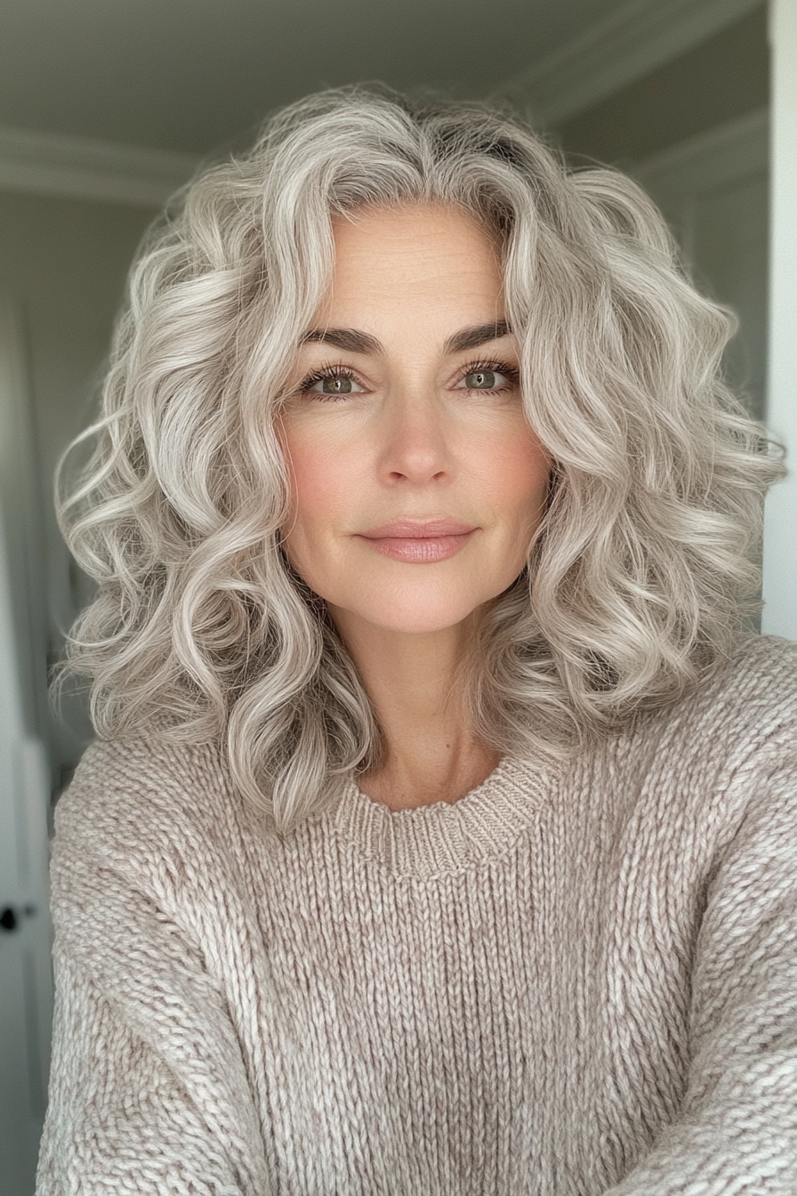 30. Mid-Length Curls with Cool Platinum (Hairstyles For Older Women With Curly Hair) - Hairstyles For Older Women With Curly Hair