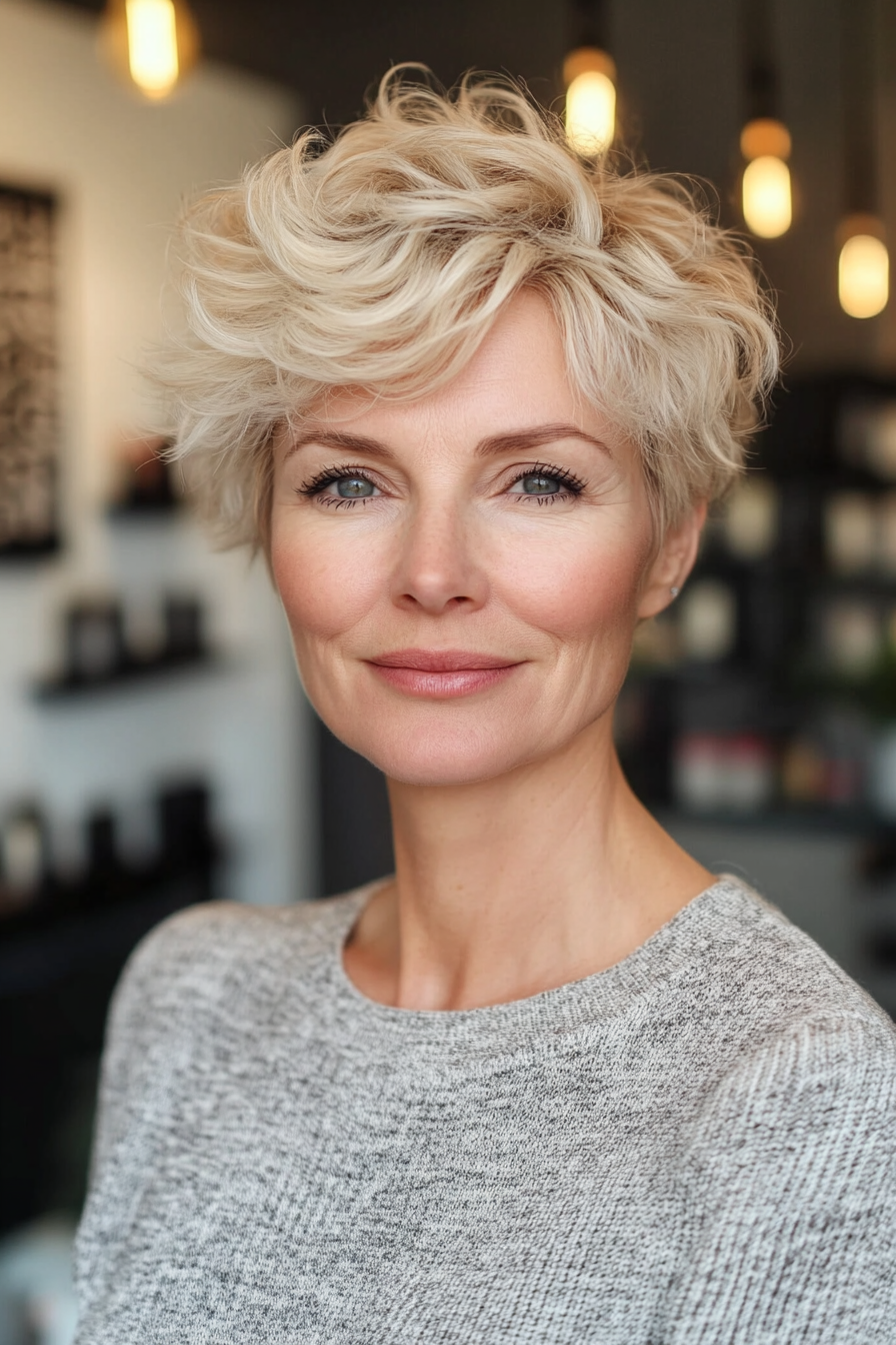 31. Stacked Pixie with Blonde Layers (Hairstyles For Older Women With Curly Hair) - Hairstyles For Older Women With Curly Hair