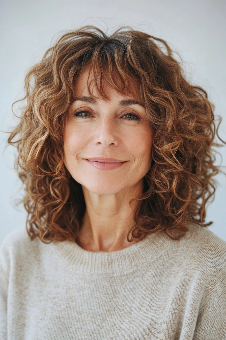34. Shoulder-Grazing Curly Layers with Soft Cinnamon (Hairstyles For Older Women With Curly Hair) - Hairstyles For Older Women With Curly Hair