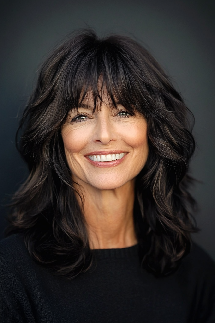 6. Dark Espresso Shag with Wispy Bangs (Shag Hairstyles For Women Over 50) - Shag Hairstyles For Women Over 50