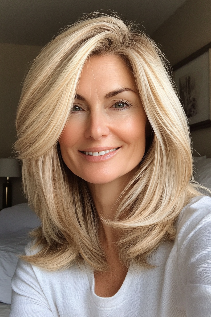 7. Honey Blonde Shag with Side-Swept Layers (Shag Hairstyles For Women Over 50) - Shag Hairstyles For Women Over 50