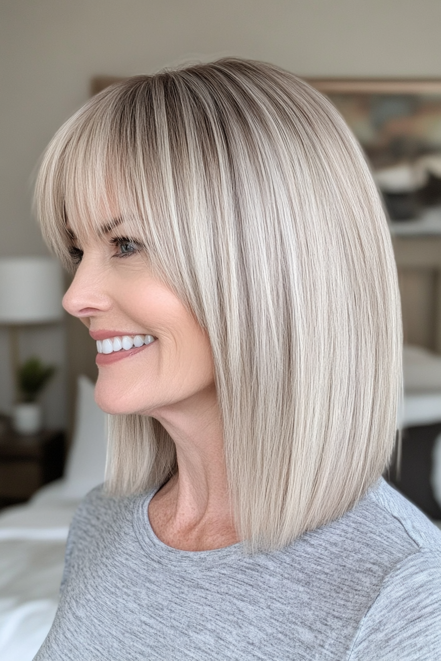 10. Ash Blonde Shag with Blunt Fringe (Shag Hairstyles For Women Over 50) - Shag Hairstyles For Women Over 50