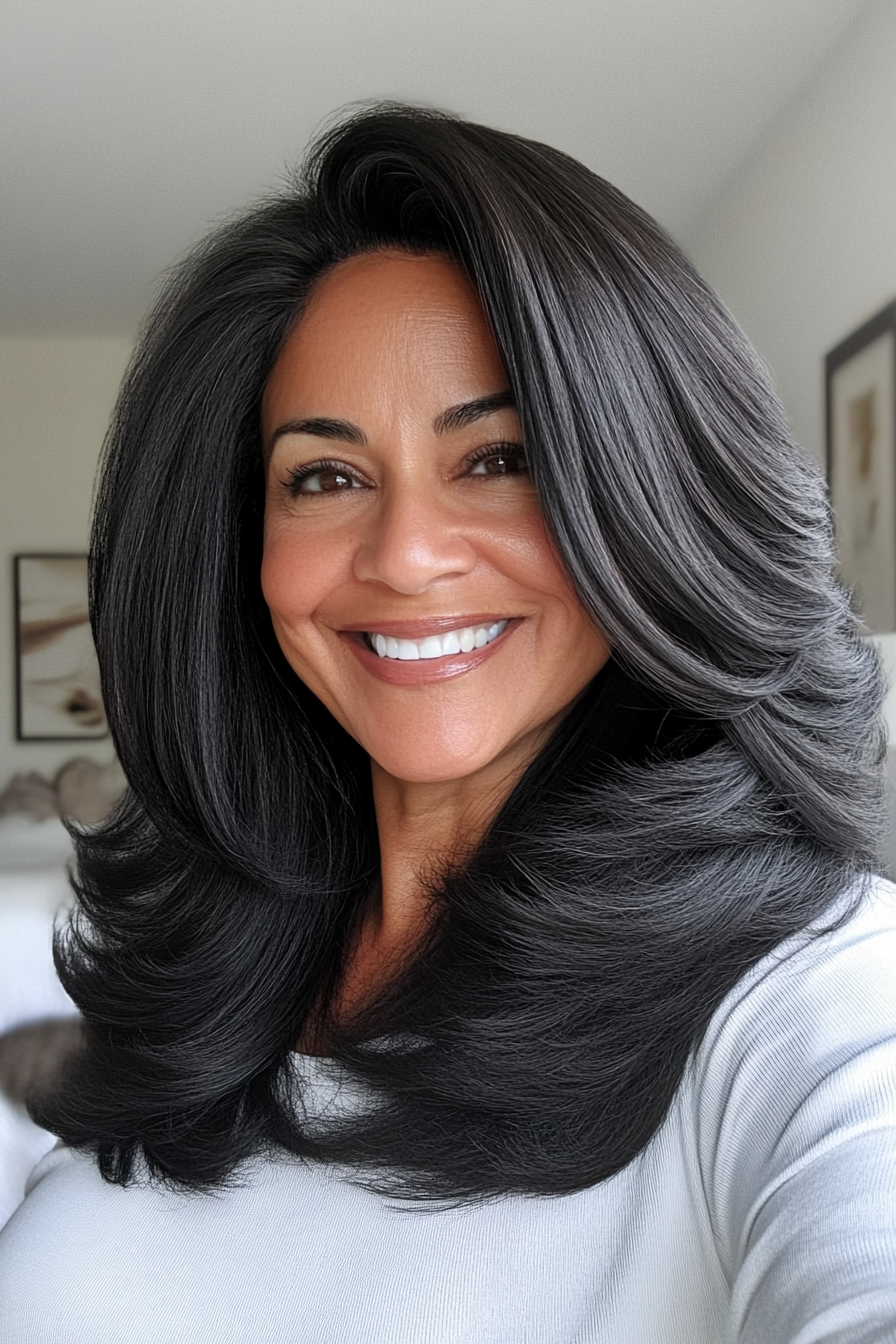 11. Natural Black Layered Shag (Shag Hairstyles For Women Over 50) - Shag Hairstyles For Women Over 50