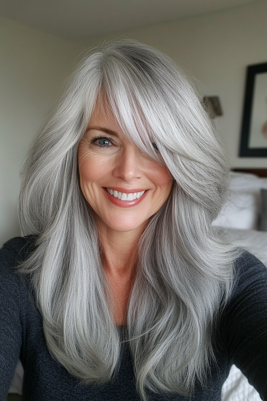 13. Silver Gray Shag with Long Bangs (Shag Hairstyles For Women Over 50) - Shag Hairstyles For Women Over 50
