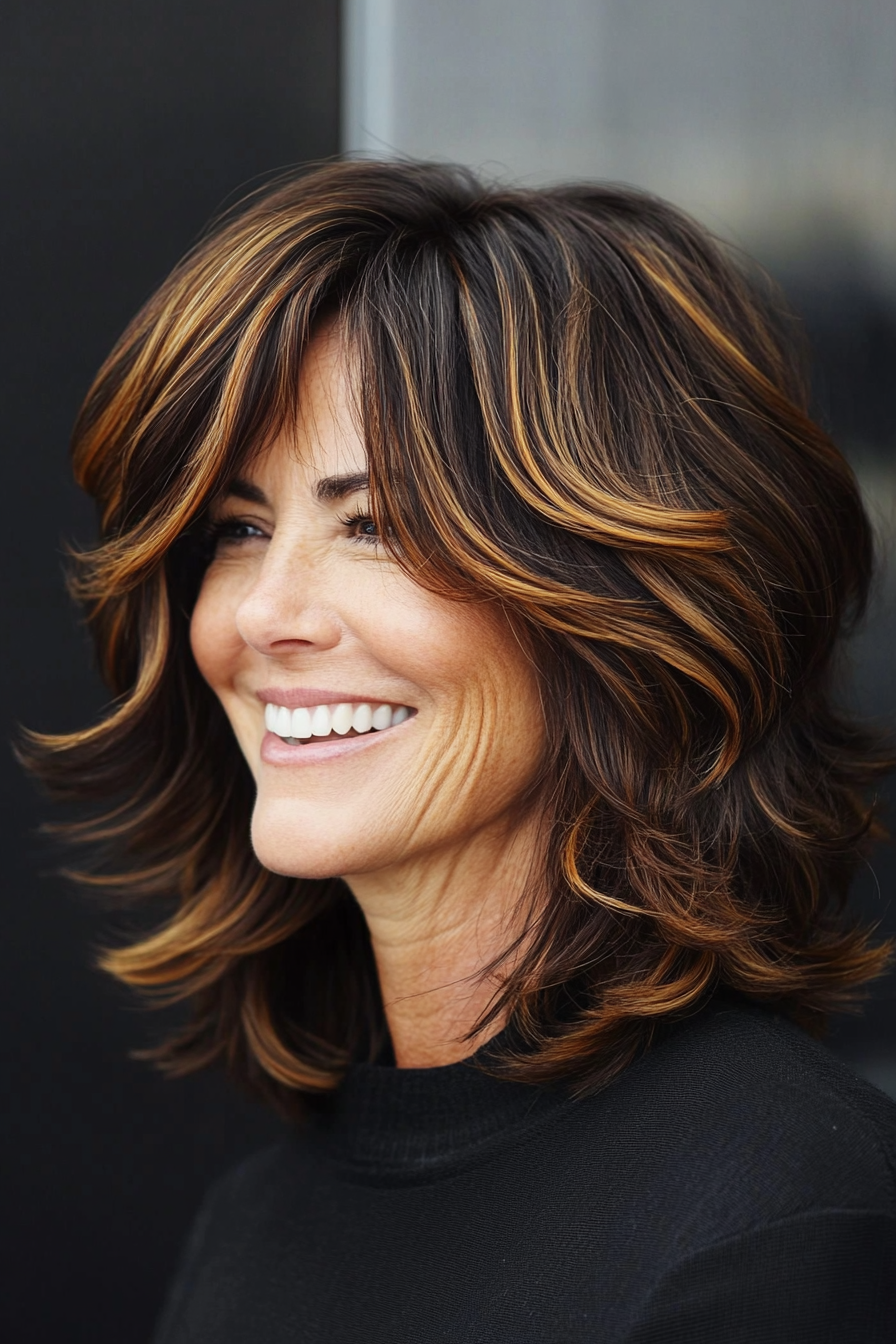 15. Caramel Highlights on Dark Brown Shag (Shag Hairstyles For Women Over 50) - Shag Hairstyles For Women Over 50