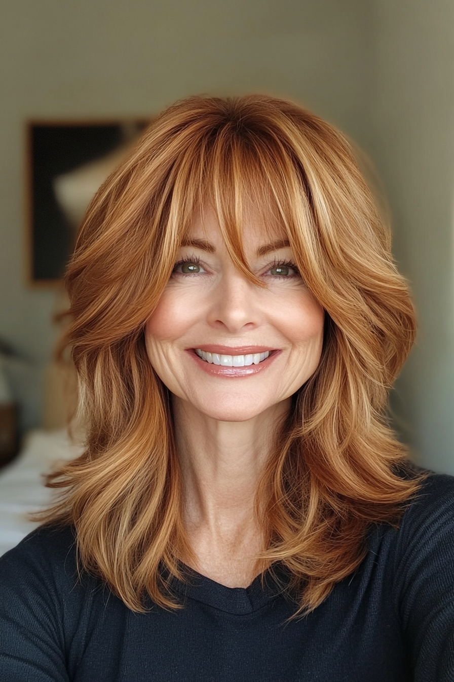 17. Golden Chestnut Shag with Curtain Bangs (Shag Hairstyles For Women Over 50) - Shag Hairstyles For Women Over 50