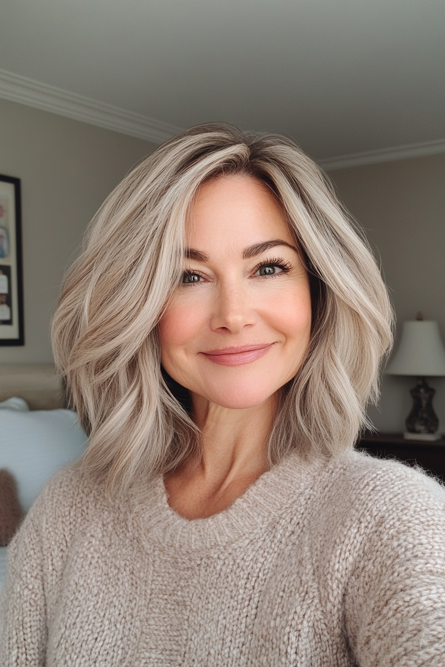 18. Neutral Beige Shag with Tapered Layers (Shag Hairstyles For Women Over 50) - Shag Hairstyles For Women Over 50