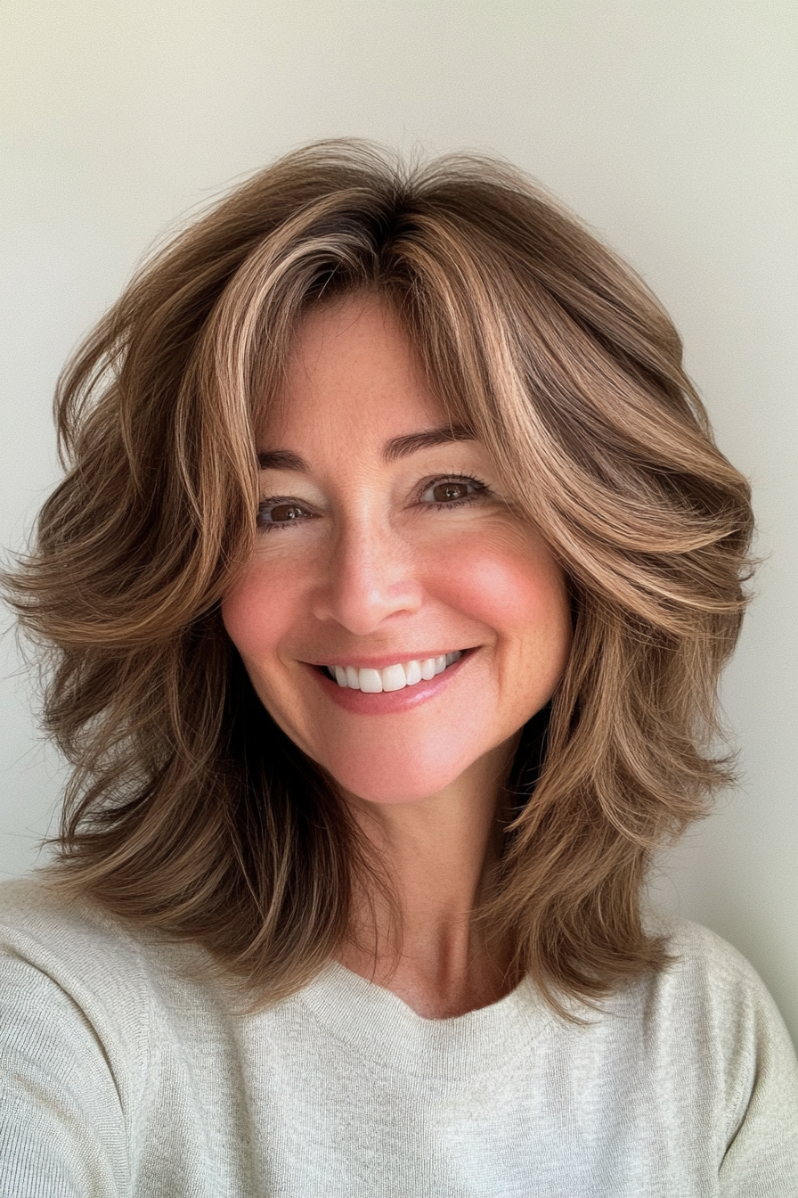19. Ash Brown Shag with Face-Framing Highlights (Shag Hairstyles For Women Over 50) - Shag Hairstyles For Women Over 50