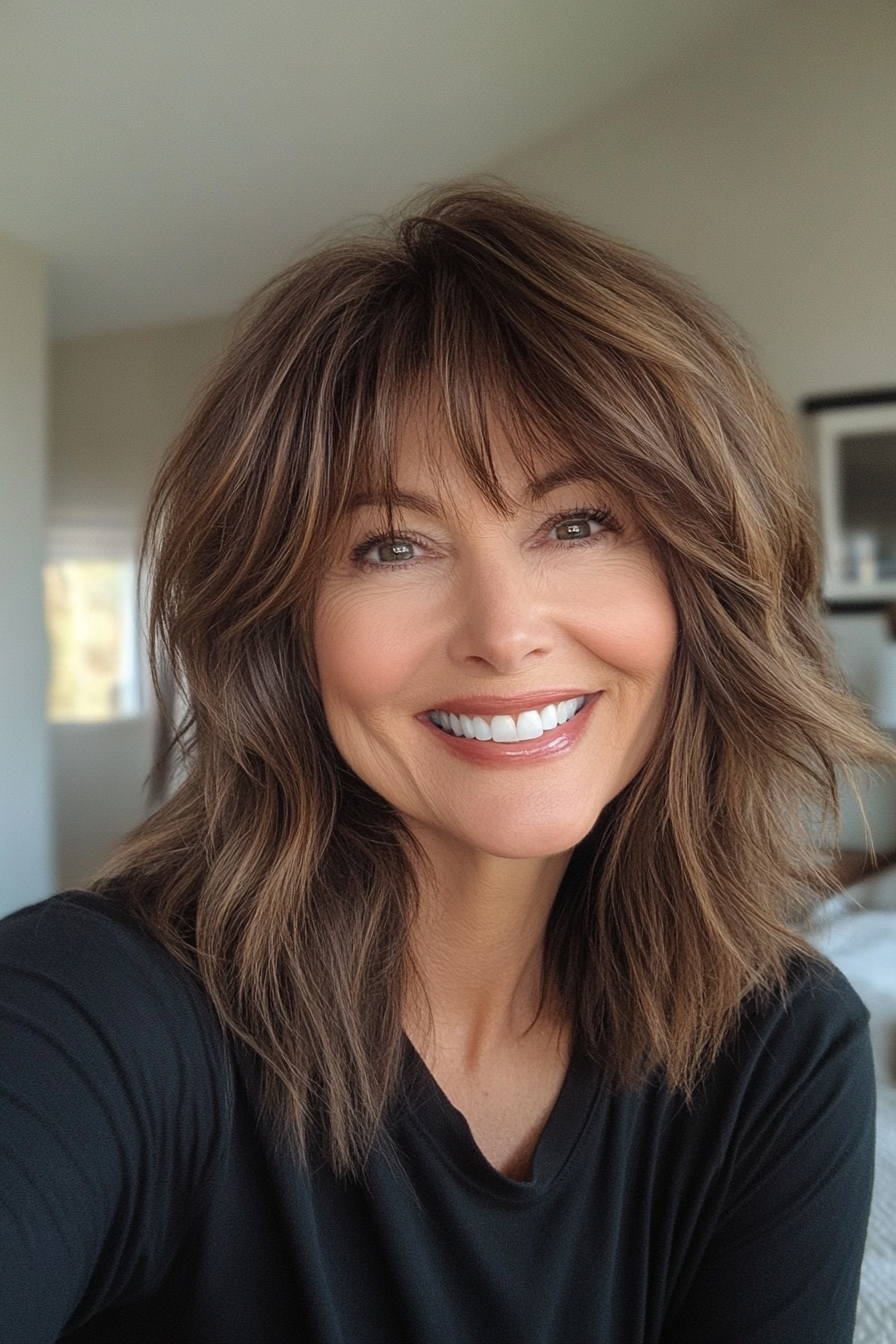 23. Rich Brunette Shag with Textured Bangs (Shag Hairstyles For Women Over 50) - Shag Hairstyles For Women Over 50