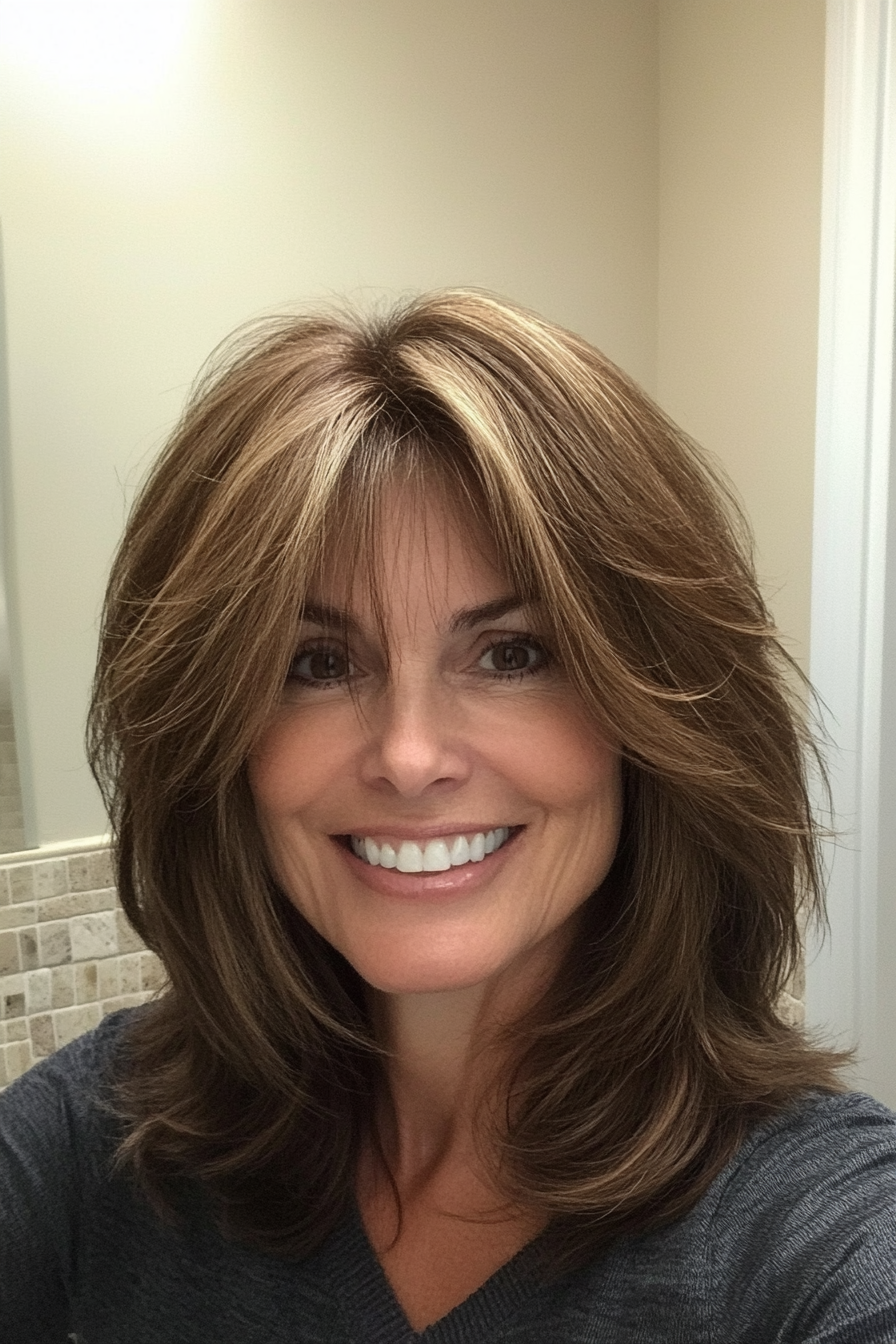 24. Honey Brown Shag with Voluminous Layers (Shag Hairstyles For Women Over 50) - Shag Hairstyles For Women Over 50