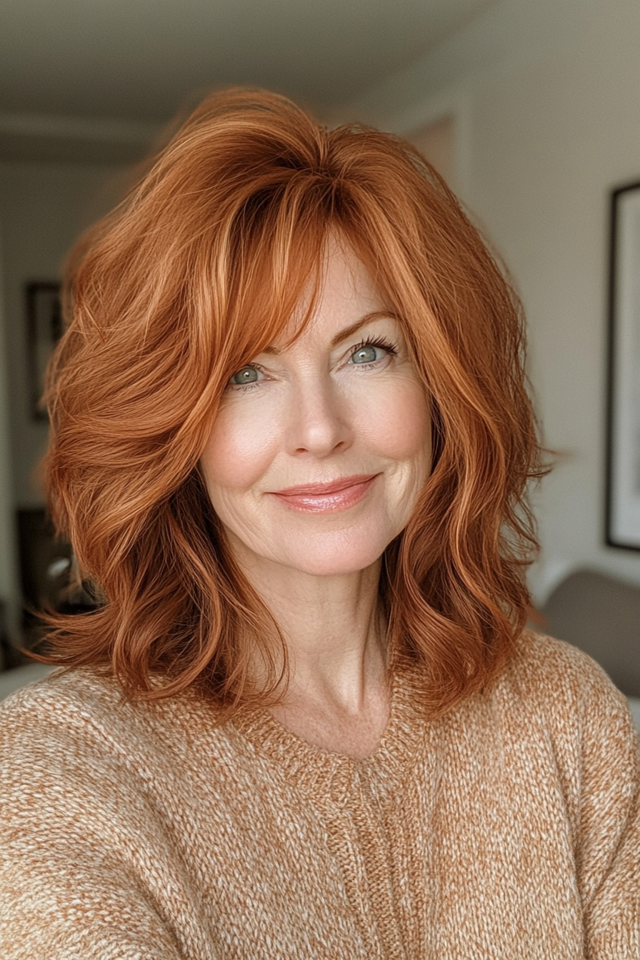 26. Medium Copper Shag with Side Bangs (Shag Hairstyles For Women Over 50) - Shag Hairstyles For Women Over 50