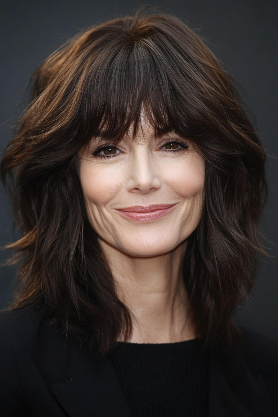 27. Dark Chocolate Shag with Shaggy Bangs (Shag Hairstyles For Women Over 50) - Shag Hairstyles For Women Over 50