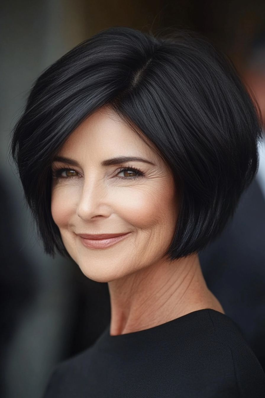 4. Stacked Bob in Natural Black (Short Hairstyles For Older Women) - Short Hairstyles For Older Women