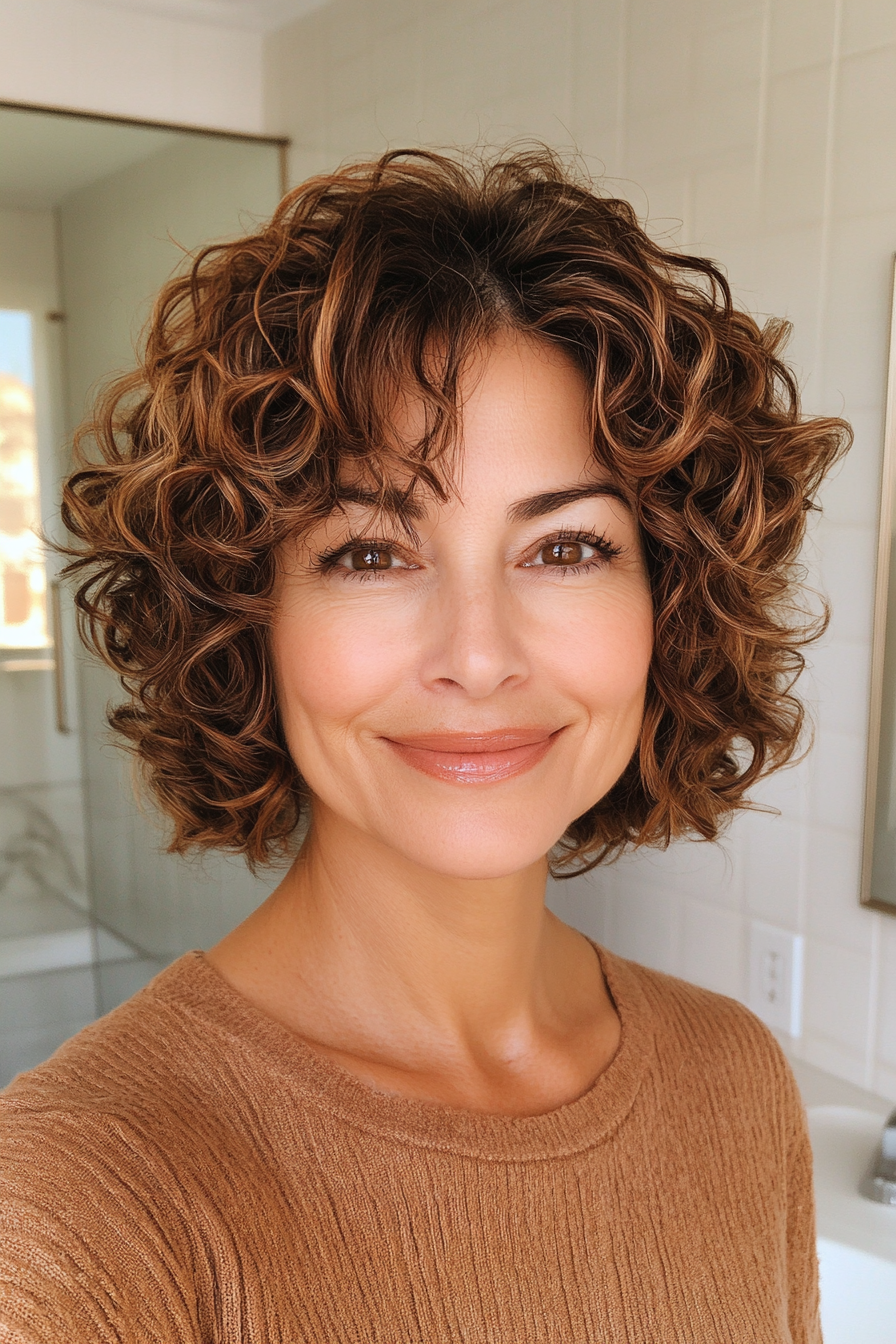 6. Short Curly Cut in Warm Caramel Brown (Short Hairstyles For Older Women) - Short Hairstyles For Older Women