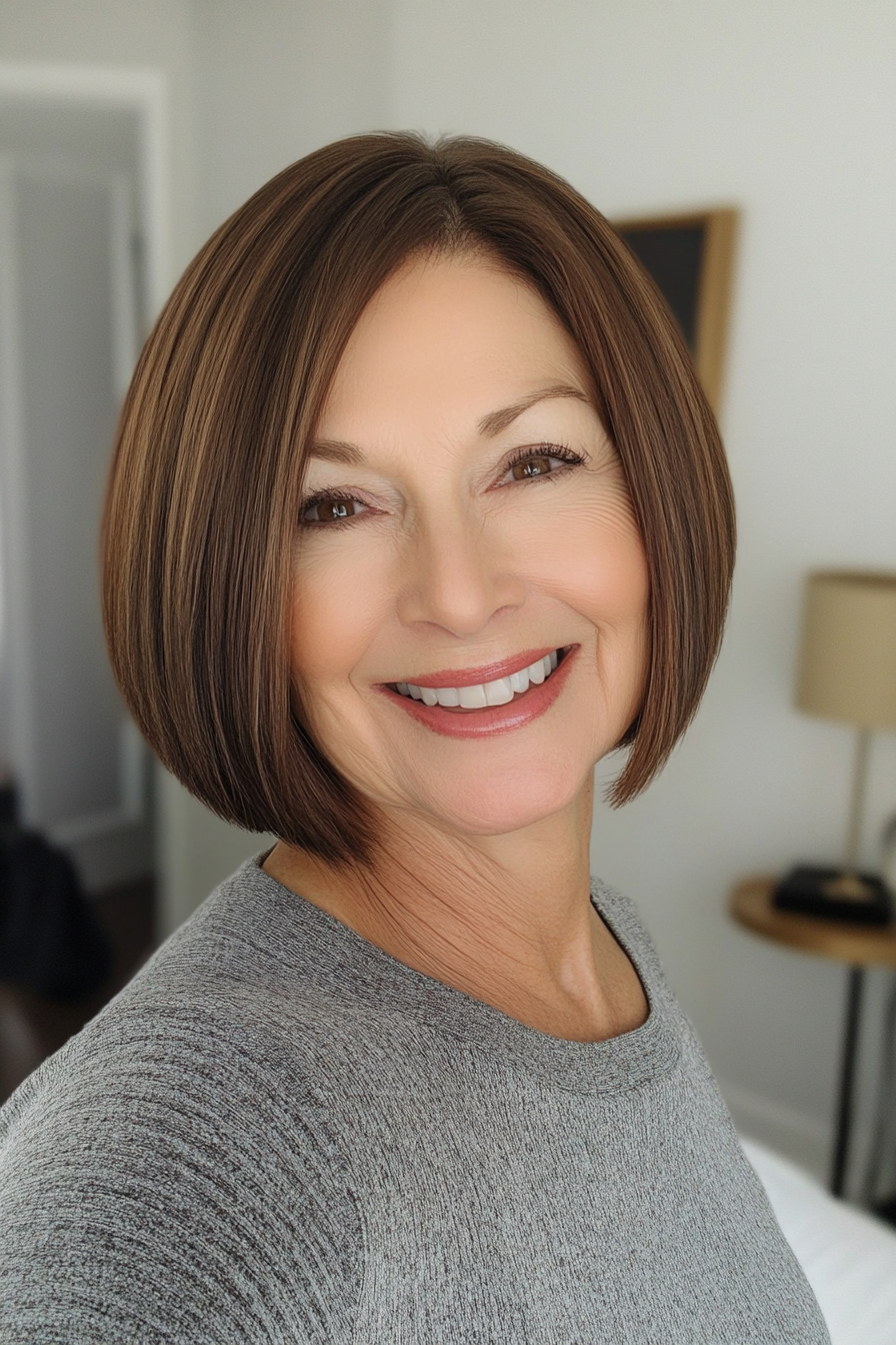 7. Chin-Length Bob with Natural Brunette (Short Hairstyles For Older Women) - Short Hairstyles For Older Women
