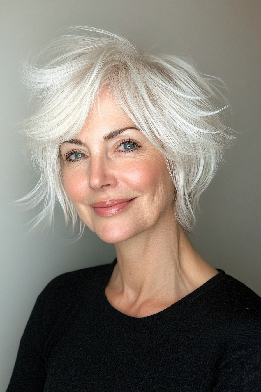 12. Short Layered Cut in Pearl White (Short Hairstyles For Older Women) - Short Hairstyles For Older Women