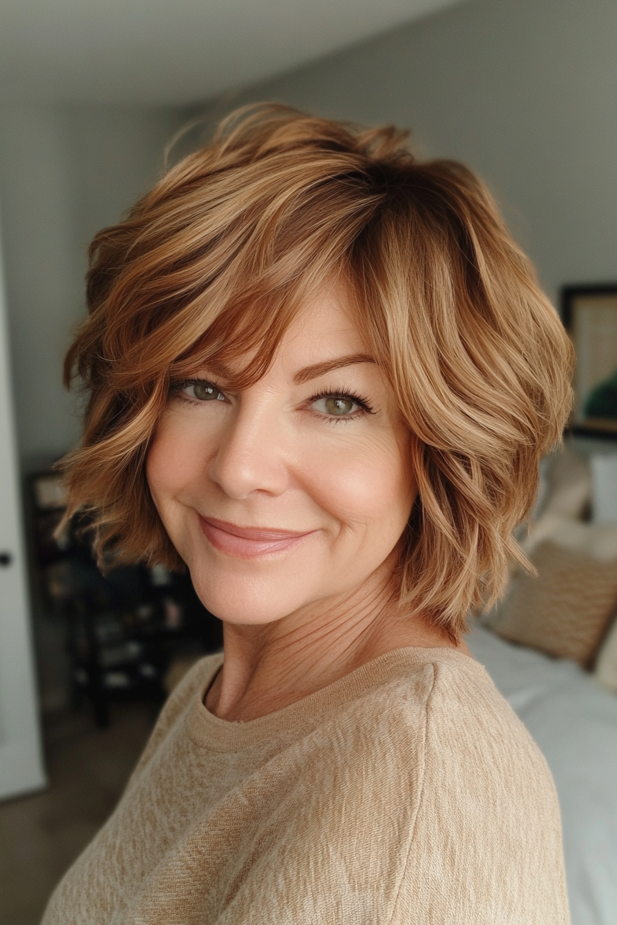 24. Messy Bob in Golden Brown (Short Hairstyles For Older Women) - Short Hairstyles For Older Women