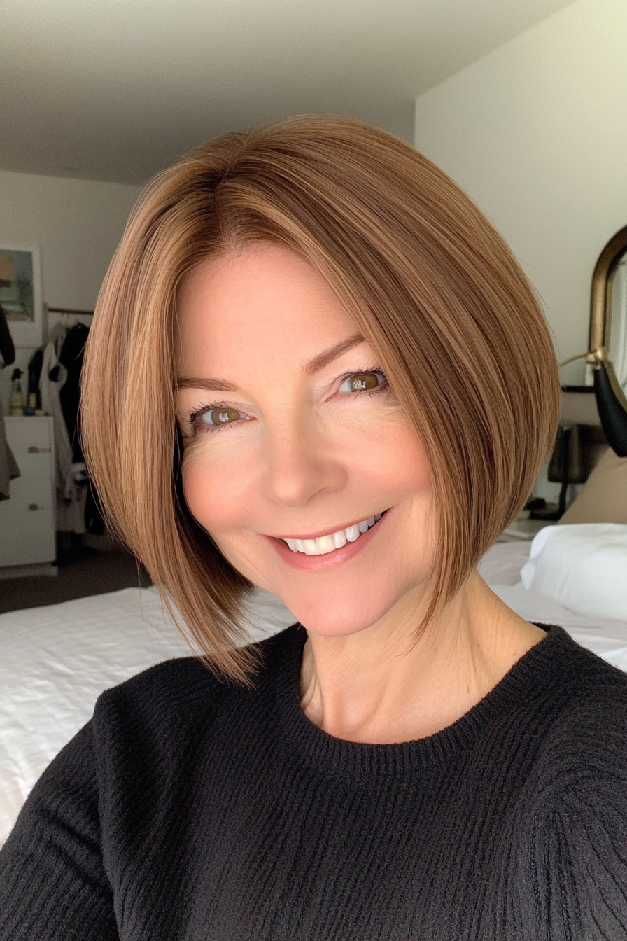 26. Blunt Lob in Light Chestnut Brown (Short Hairstyles For Older Women) - Short Hairstyles For Older Women