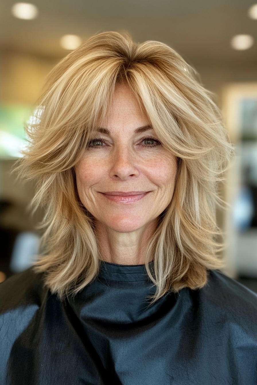 2. Honey Blonde Wispy Layers (Shaggy Hairstyles For Older Women) - Shaggy Hairstyles For Older Women