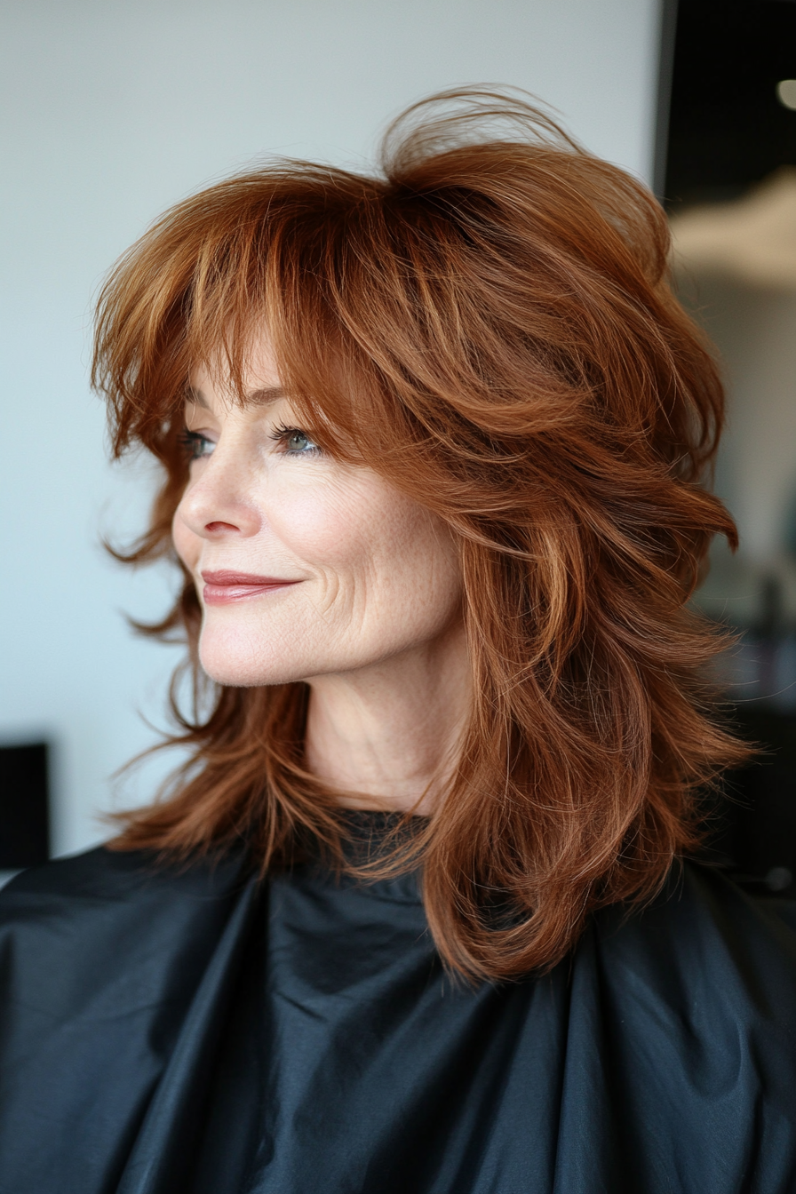 6. Soft Auburn Shag with Bangs (Shaggy Hairstyles For Older Women) - Shaggy Hairstyles For Older Women