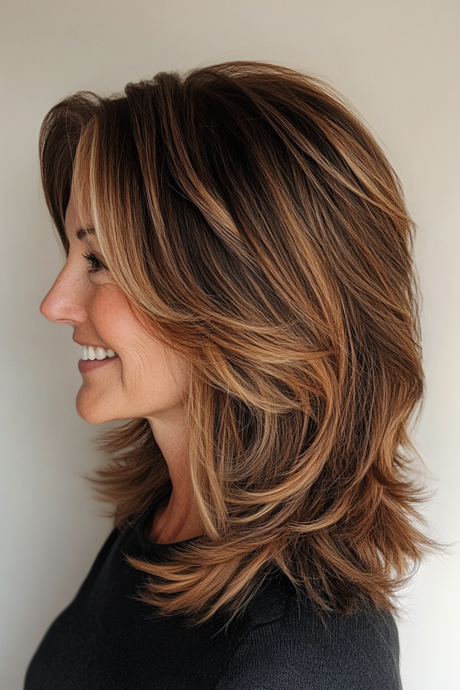 8. Caramel Balayage Shag (Shaggy Hairstyles For Older Women) - Shaggy Hairstyles For Older Women