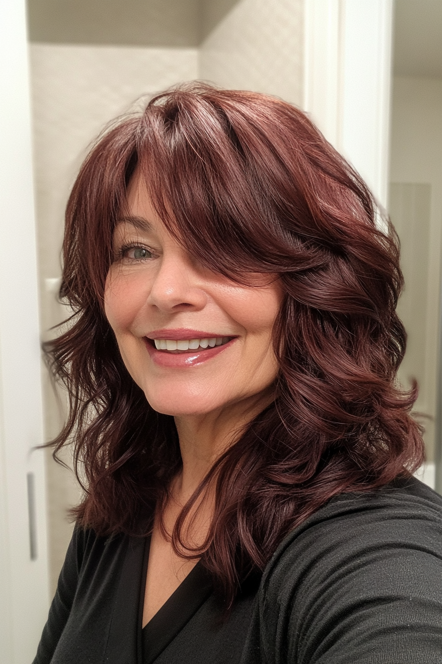 11. Mahogany Wavy Shag (Shaggy Hairstyles For Older Women) - Shaggy Hairstyles For Older Women