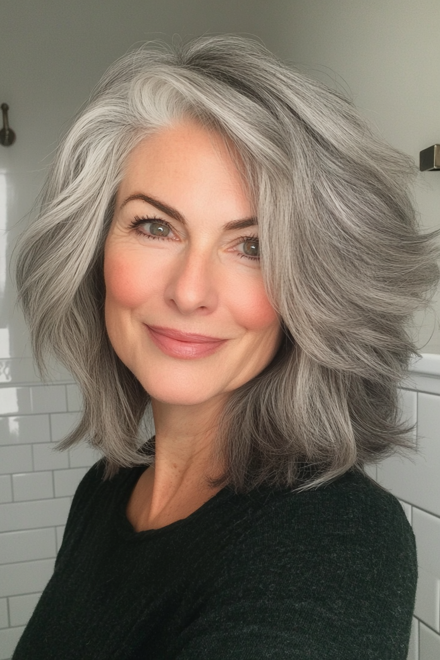 13. Pewter Shag with Asymmetrical Layers (Shaggy Hairstyles For Older Women) - Shaggy Hairstyles For Older Women