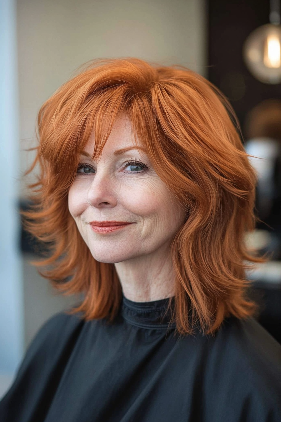 14. Copper Shag with Side Bangs (Shaggy Hairstyles For Older Women) - Shaggy Hairstyles For Older Women