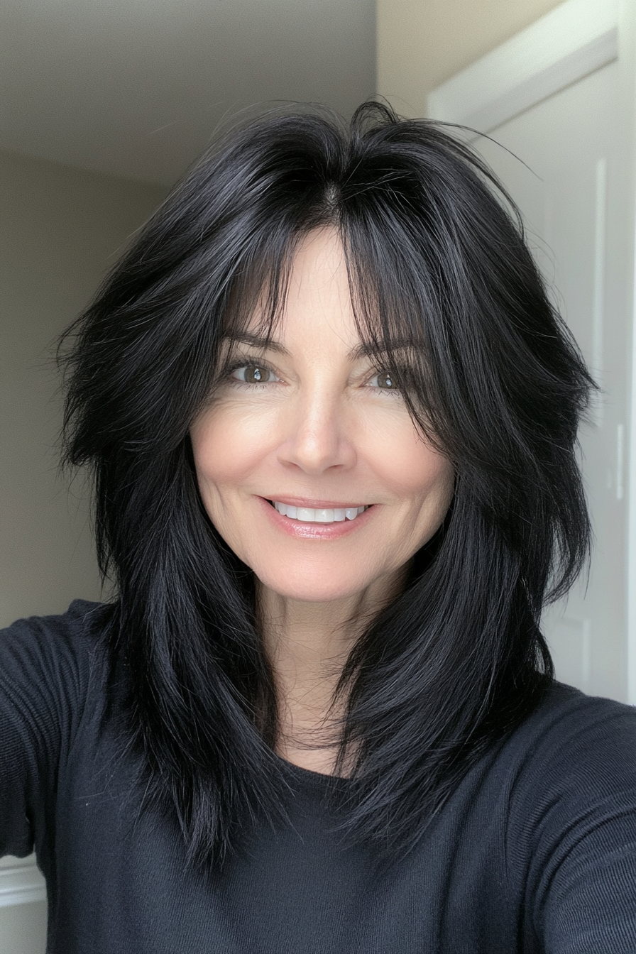 15. Soft Black Shag with Sliced Layers (Shaggy Hairstyles For Older Women) - Shaggy Hairstyles For Older Women