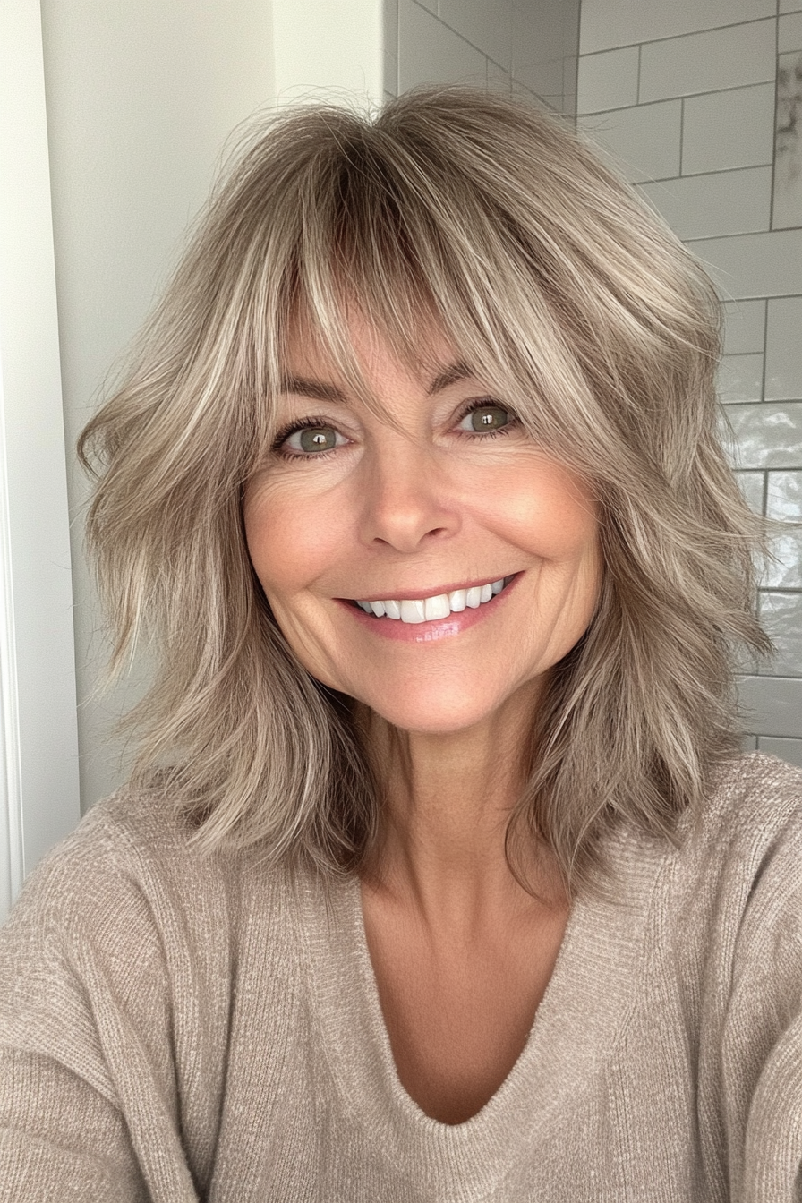 20. Warm Beige Shag with Choppy Bangs (Shaggy Hairstyles For Older Women) - Shaggy Hairstyles For Older Women