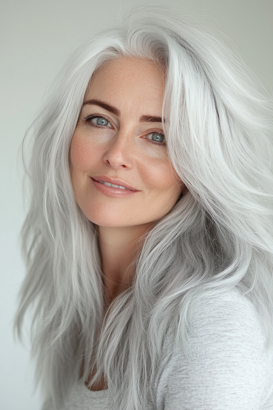 21. Icy Silver Long Shag (Shaggy Hairstyles For Older Women) - Shaggy Hairstyles For Older Women