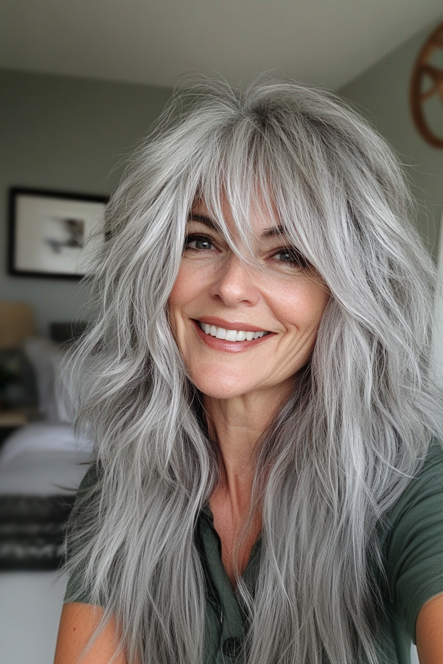 26. Smoky Silver Shag with Fringe (Shaggy Hairstyles For Older Women) - Shaggy Hairstyles For Older Women