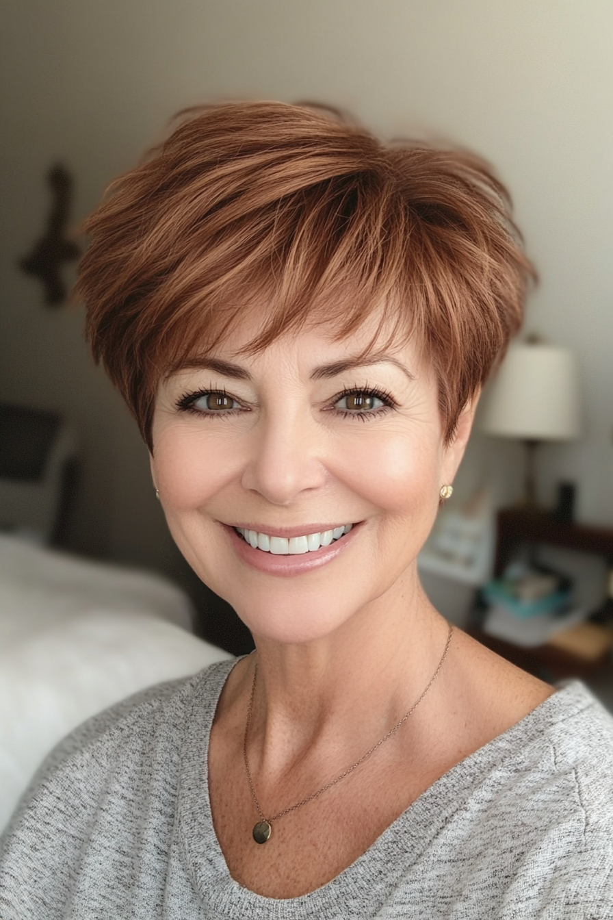 1. Soft Layered Pixie in Warm Chestnut (Short Pixie Hairstyles For Women Over 50) - Short Pixie Hairstyles For Women Over 50