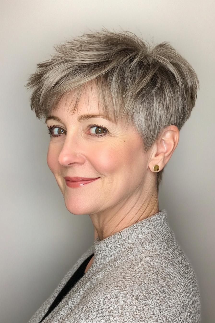 4. Choppy Pixie with Ash Brown Undertones (Short Pixie Hairstyles For Women Over 50) - Short Pixie Hairstyles For Women Over 50