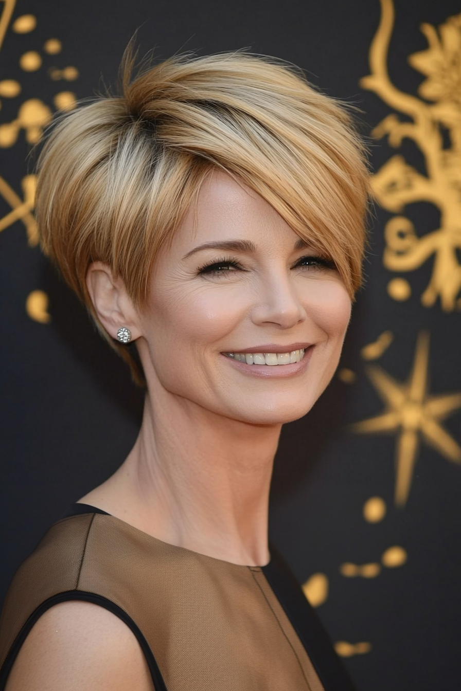 6. Side-Swept Pixie in Golden Blonde (Short Pixie Hairstyles For Women Over 50) - Short Pixie Hairstyles For Women Over 50