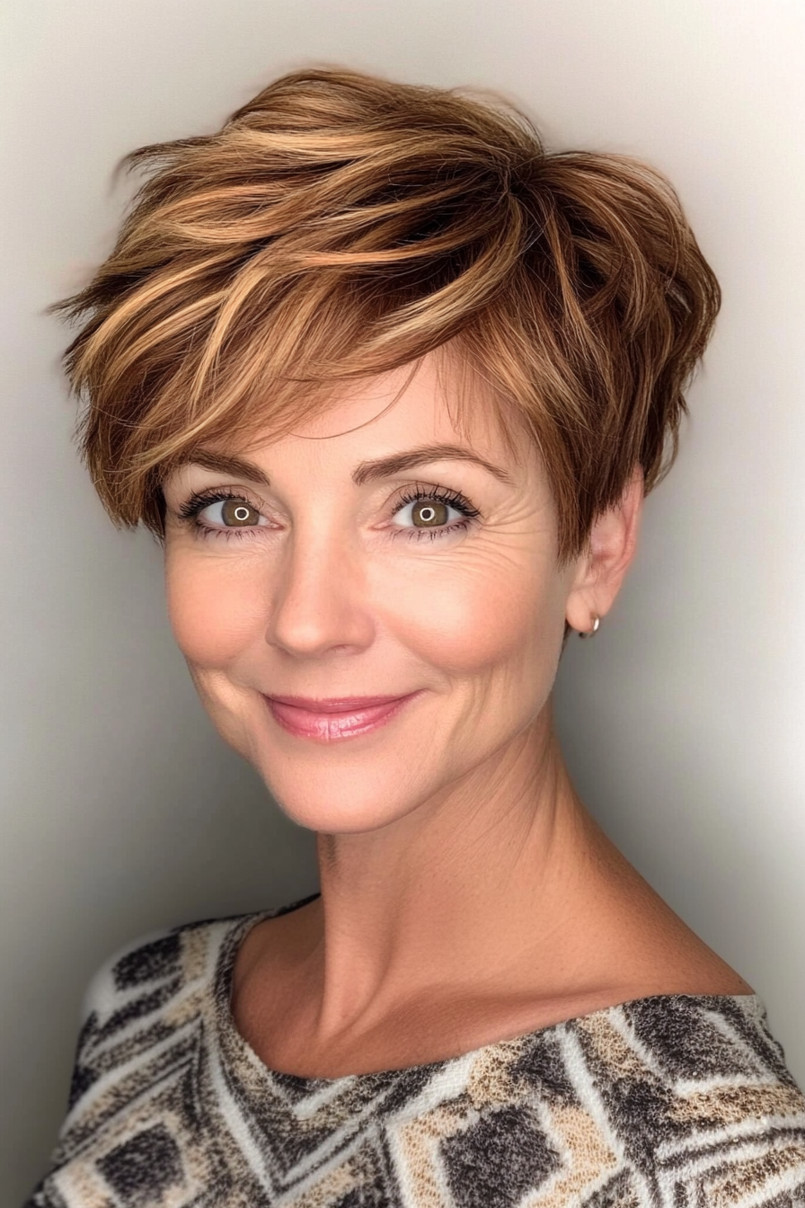 7. Layered Pixie with Warm Auburn Highlights (Short Pixie Hairstyles For Women Over 50) - Short Pixie Hairstyles For Women Over 50
