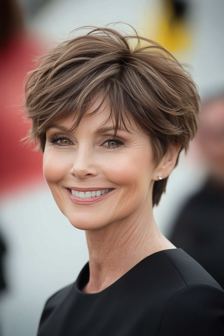9. Voluminous Pixie in Soft Brown (Short Pixie Hairstyles For Women Over 50) - Short Pixie Hairstyles For Women Over 50
