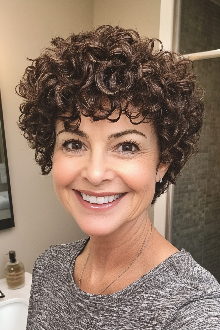 11. Curly Pixie in Dark Chocolate Brown (Short Pixie Hairstyles For Women Over 50) - Short Pixie Hairstyles For Women Over 50