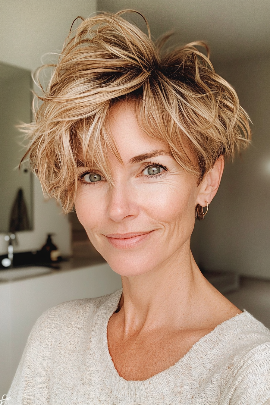 13. Messy Pixie in Warm Honey Blonde (Short Pixie Hairstyles For Women Over 50) - Short Pixie Hairstyles For Women Over 50