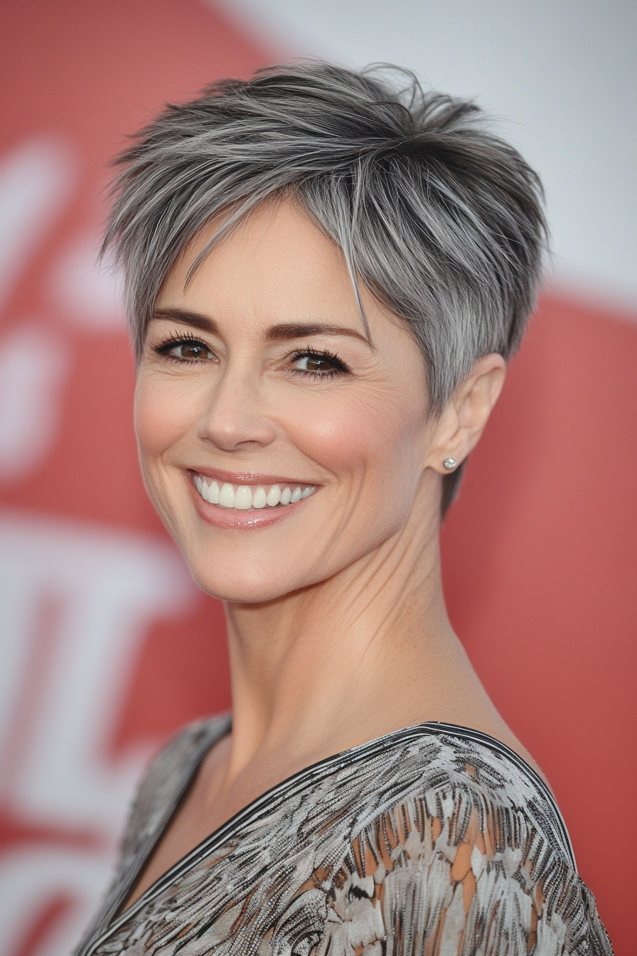 17. Asymmetrical Pixie in Warm Gray Blend (Short Pixie Hairstyles For Women Over 50) - Short Pixie Hairstyles For Women Over 50