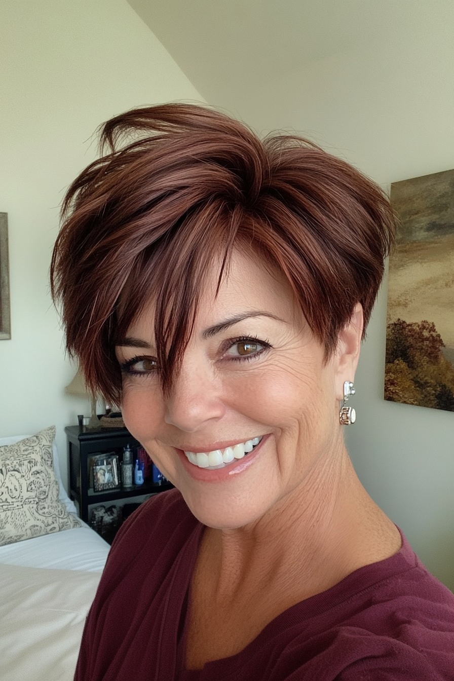 19. Disconnected Pixie in Deep Mahogany (Short Pixie Hairstyles For Women Over 50) - Short Pixie Hairstyles For Women Over 50