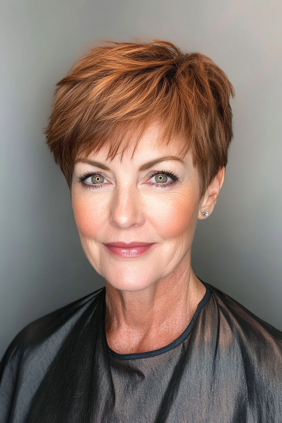 20. Fringed Pixie in Light Cinnamon Brown (Short Pixie Hairstyles For Women Over 50) - Short Pixie Hairstyles For Women Over 50