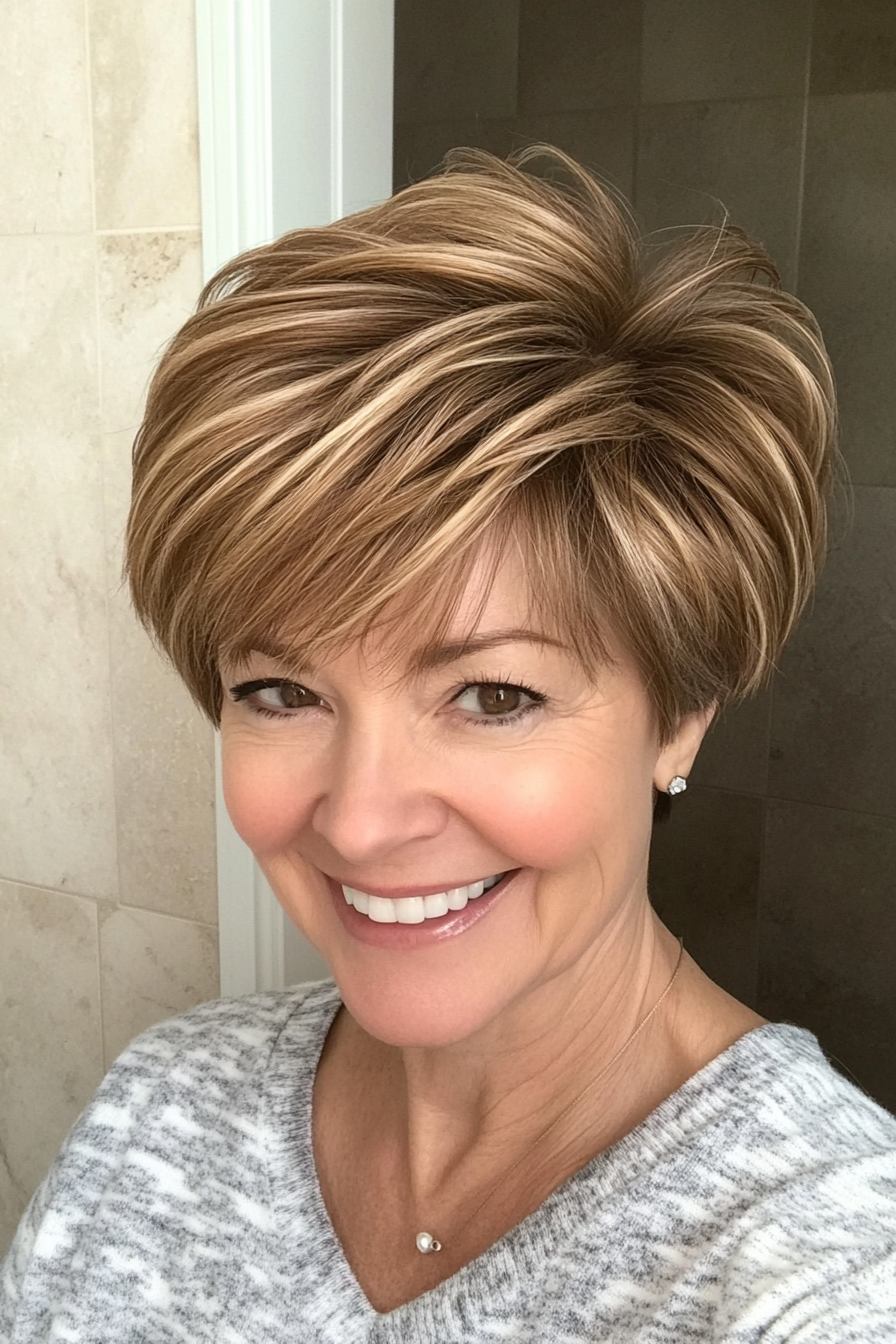 23. Layered Crown Pixie in Warm Golden Brown (Short Pixie Hairstyles For Women Over 50) - Short Pixie Hairstyles For Women Over 50