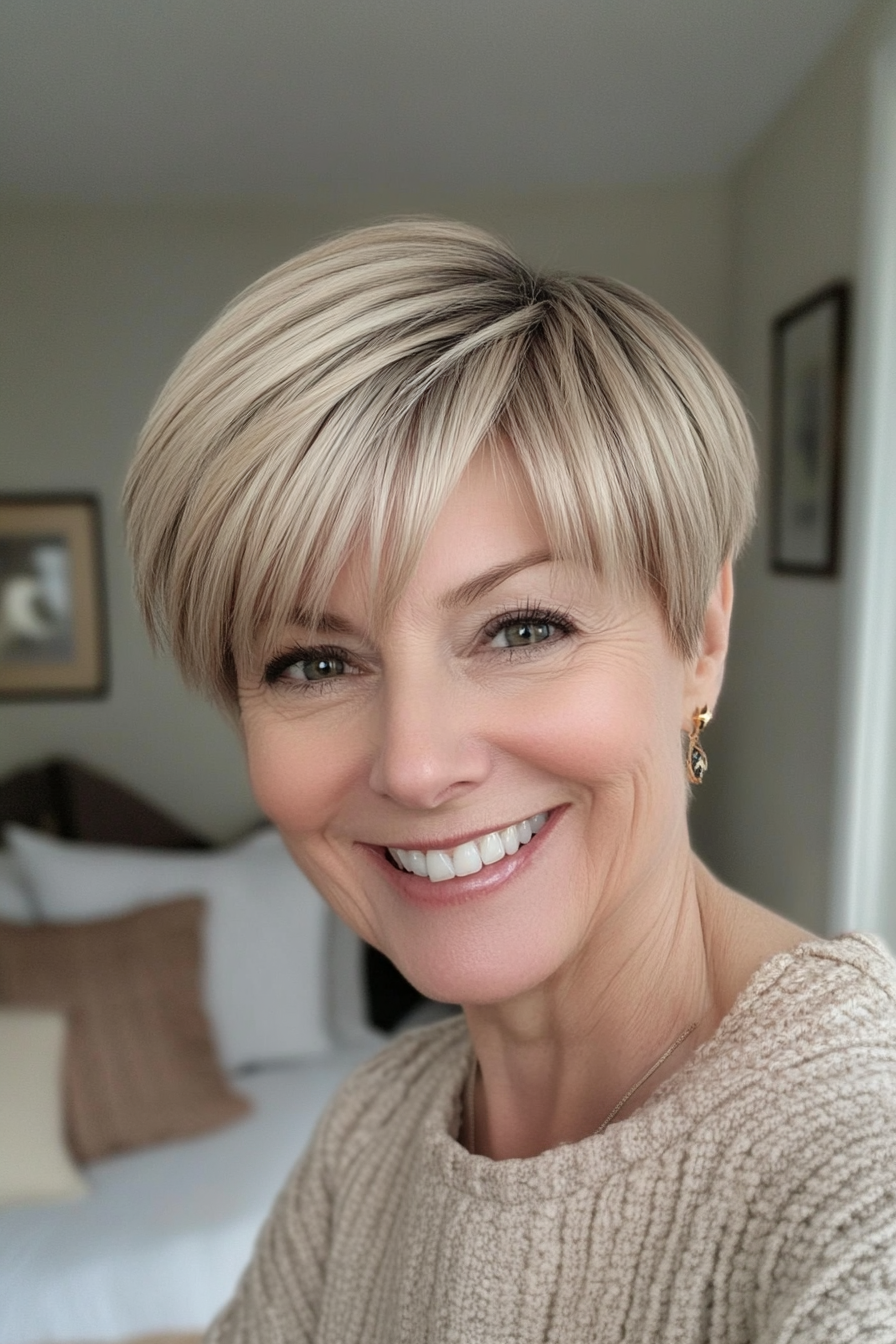 25. Pixie with Bangs in Soft Beige Blonde (Short Pixie Hairstyles For Women Over 50) - Short Pixie Hairstyles For Women Over 50